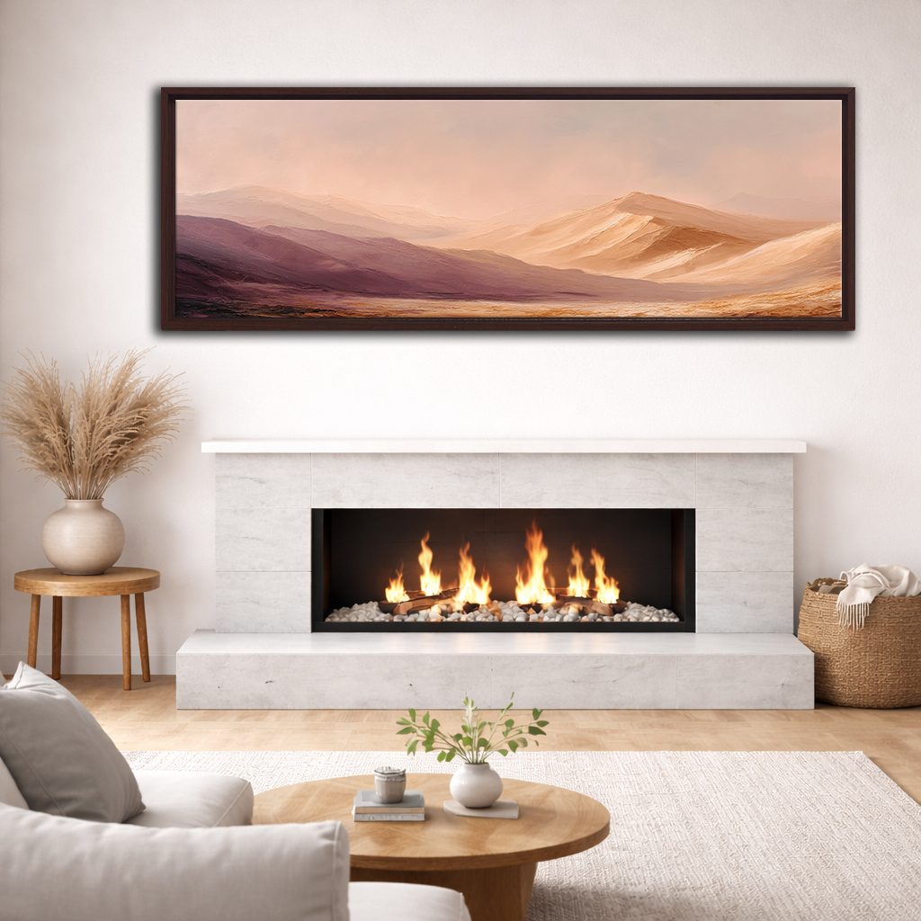 Peach Desert Sand Dunes canvas wall art, walnut floating frame