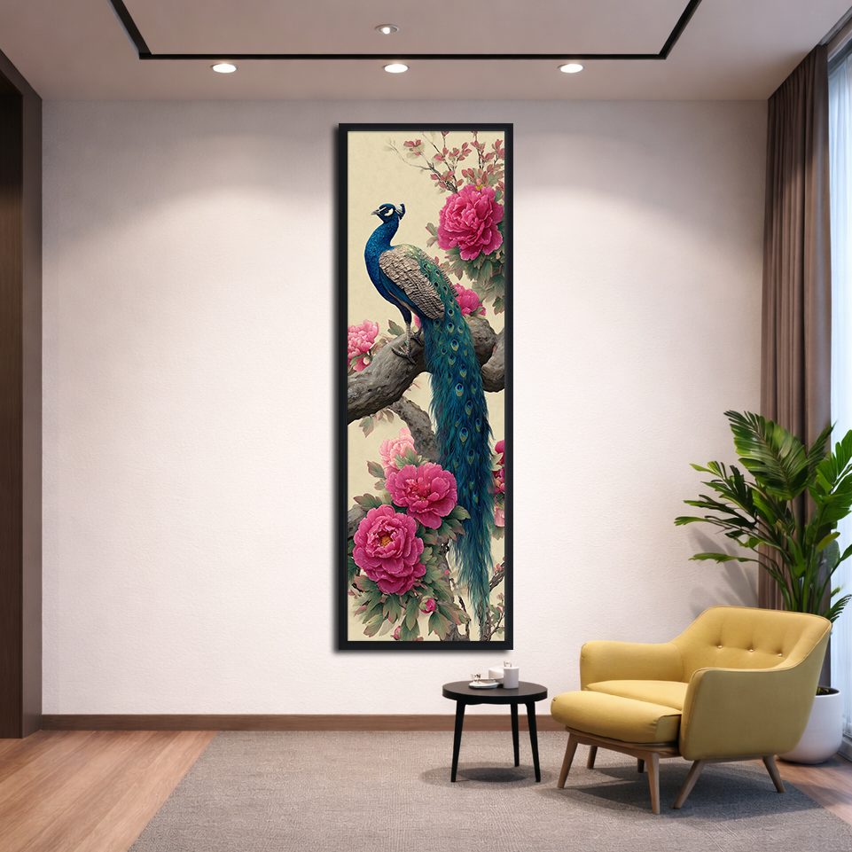 Peacock and Pink Peonies canvas wall art, black floating frame
