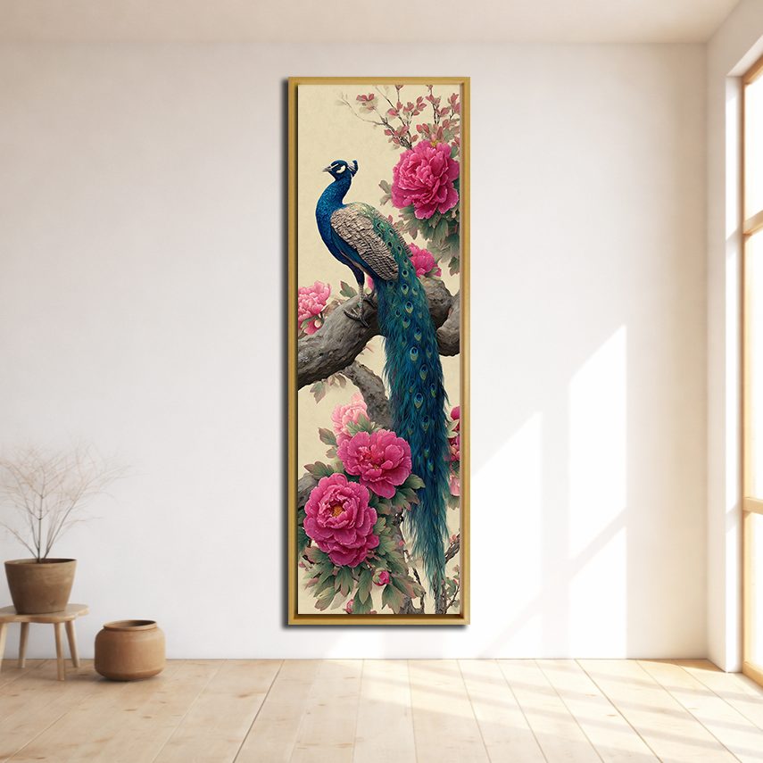 Peacock and Pink Peonies canvas wall art, natural wood floating frame