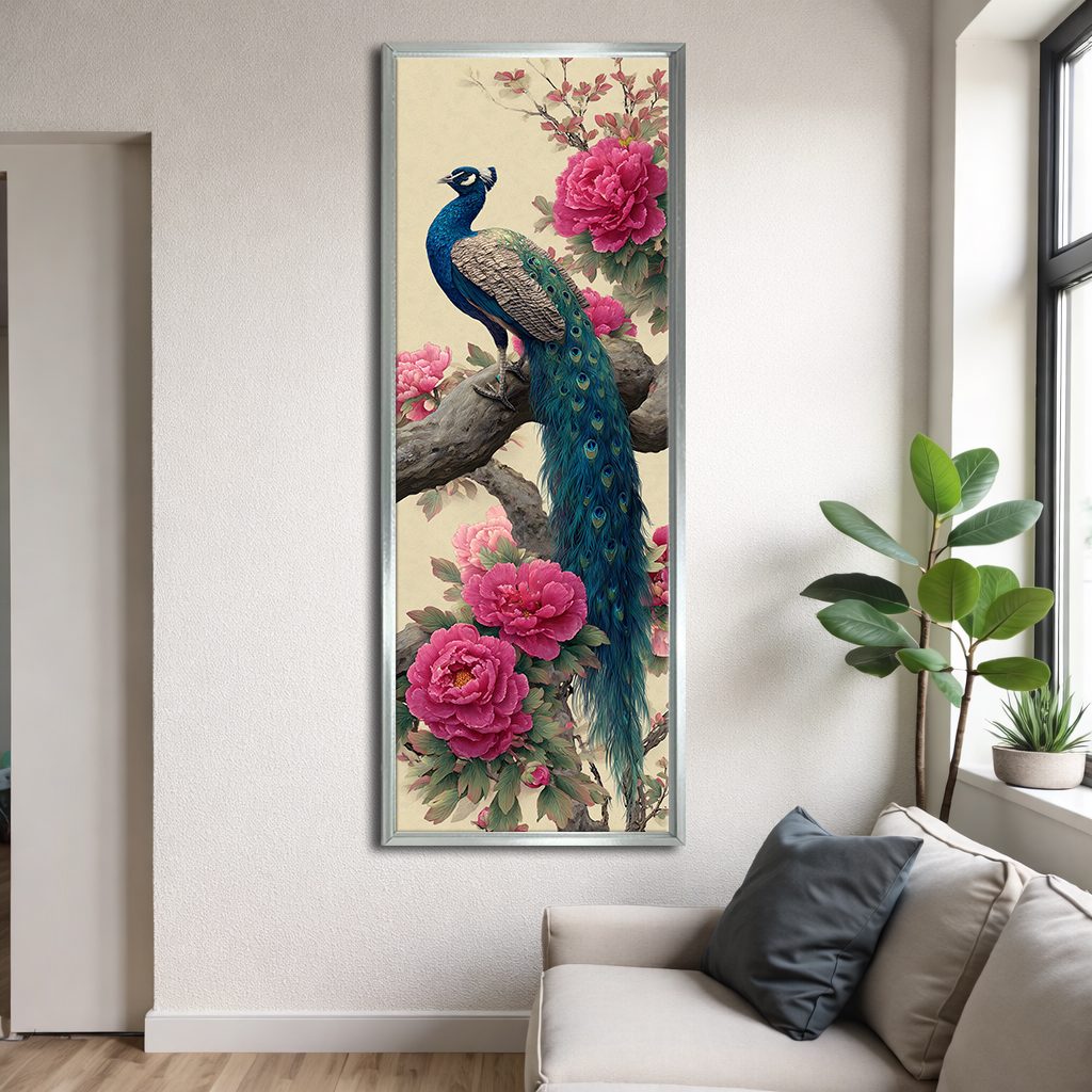 Peacock and Pink Peonies canvas wall art, silver floating frame