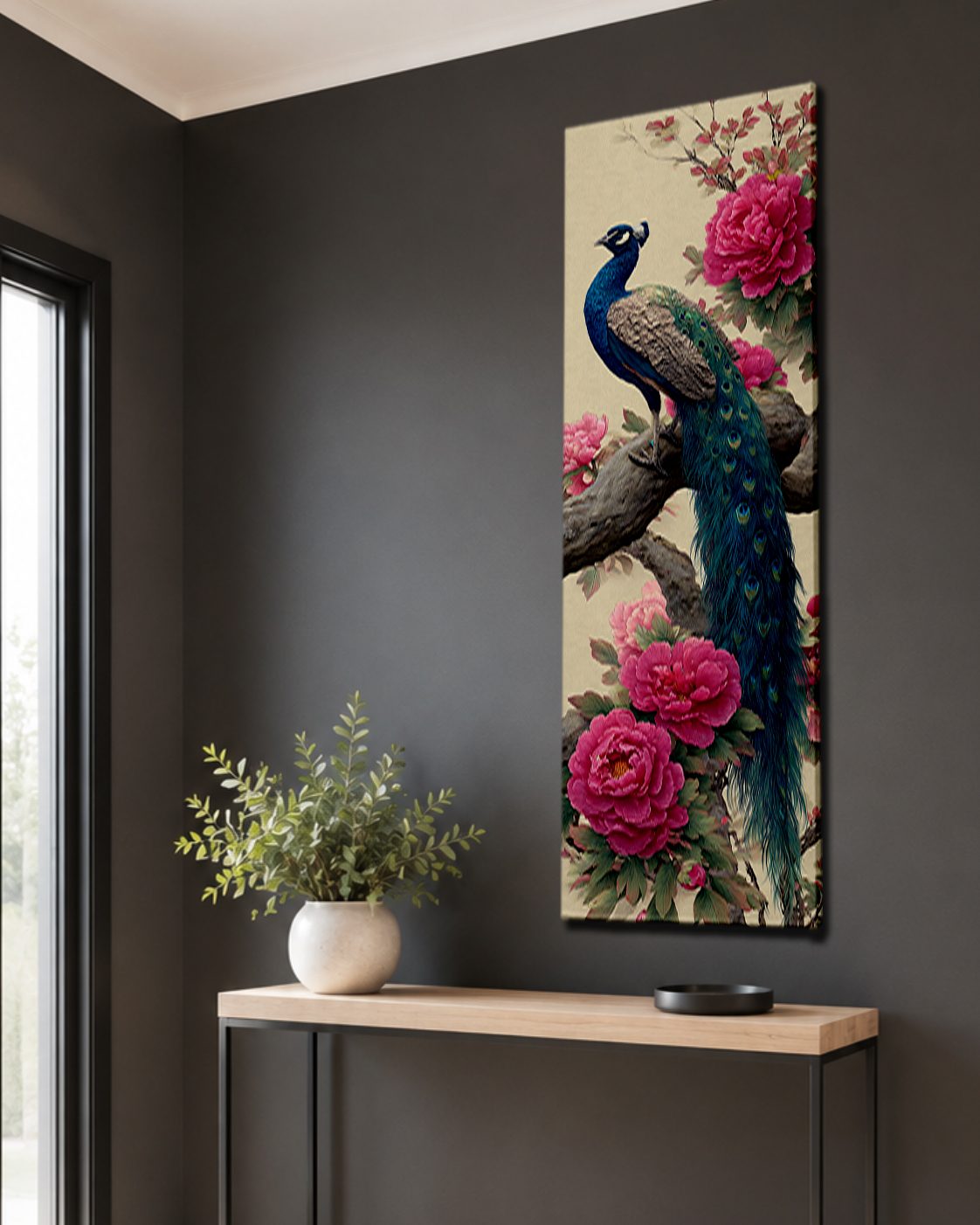 Peacock and Pink Peonies canvas wall art, unframed canvas