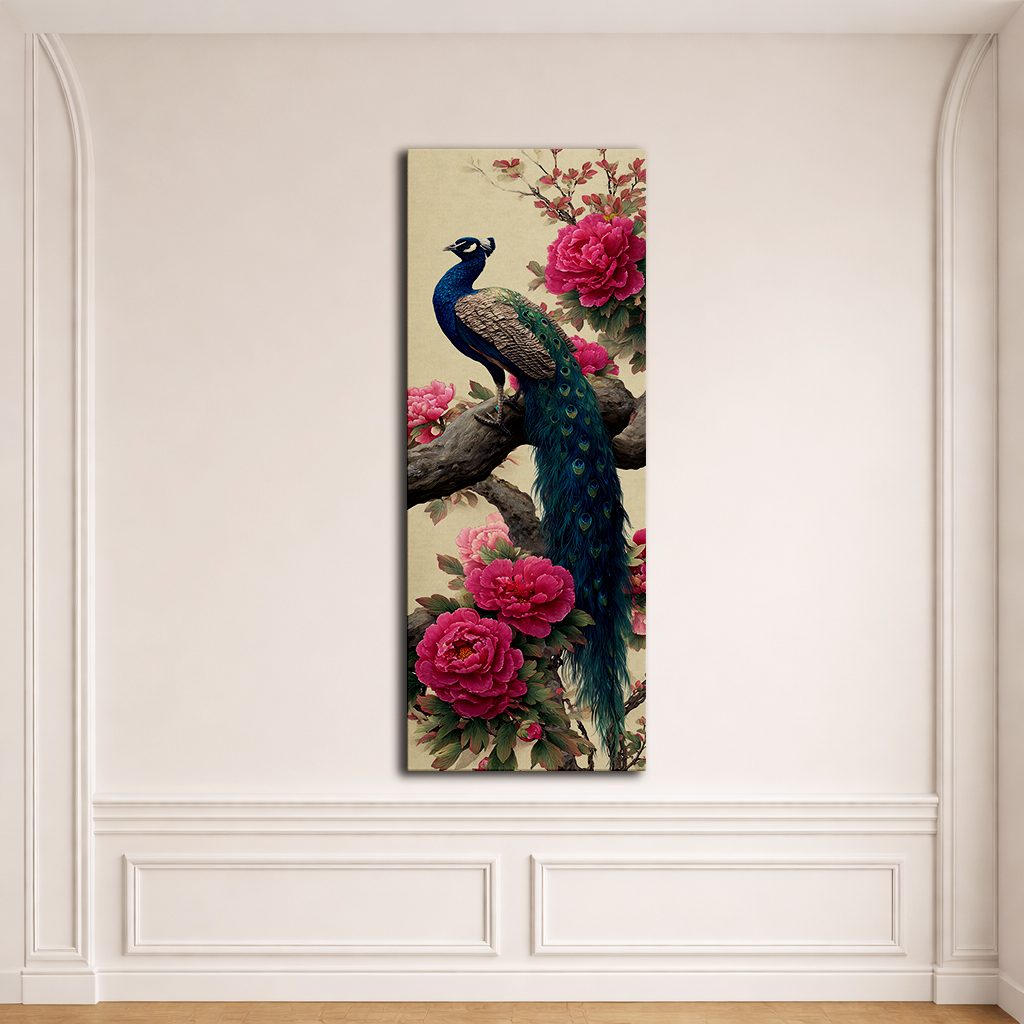 Peacock and Pink Peonies canvas wall art, unframed canvas