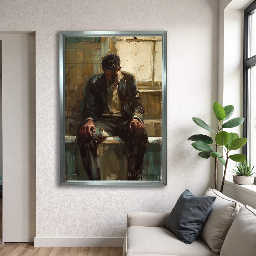 Pensive Man by the Window canvas wall art, silver floating frame