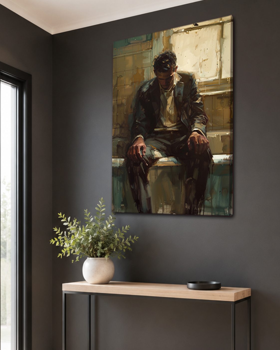 Pensive Man by the Window canvas wall art, unframed canvas