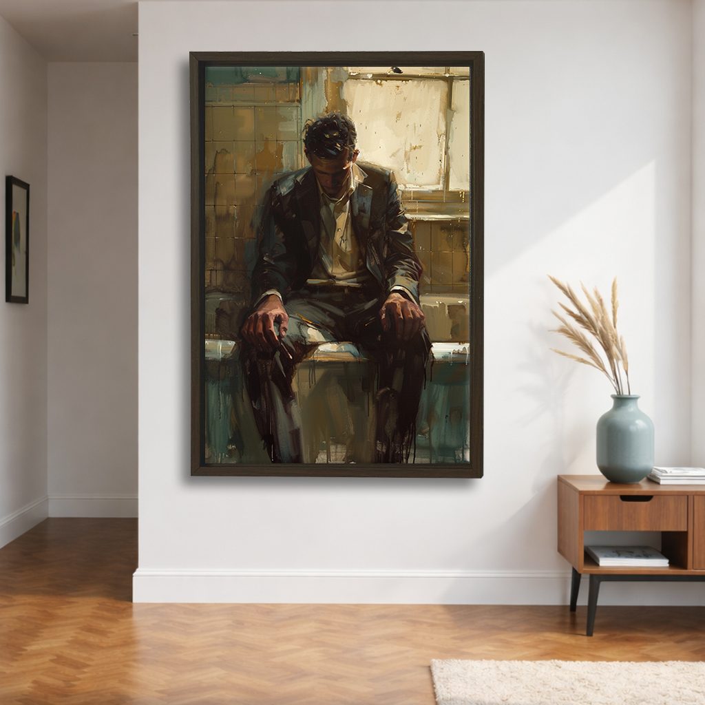 Pensive Man by the Window canvas wall art, walnut floating frame