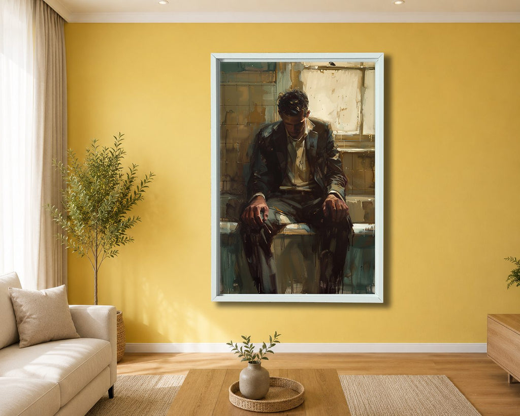 Pensive Man by the Window canvas wall art, white floating frame
