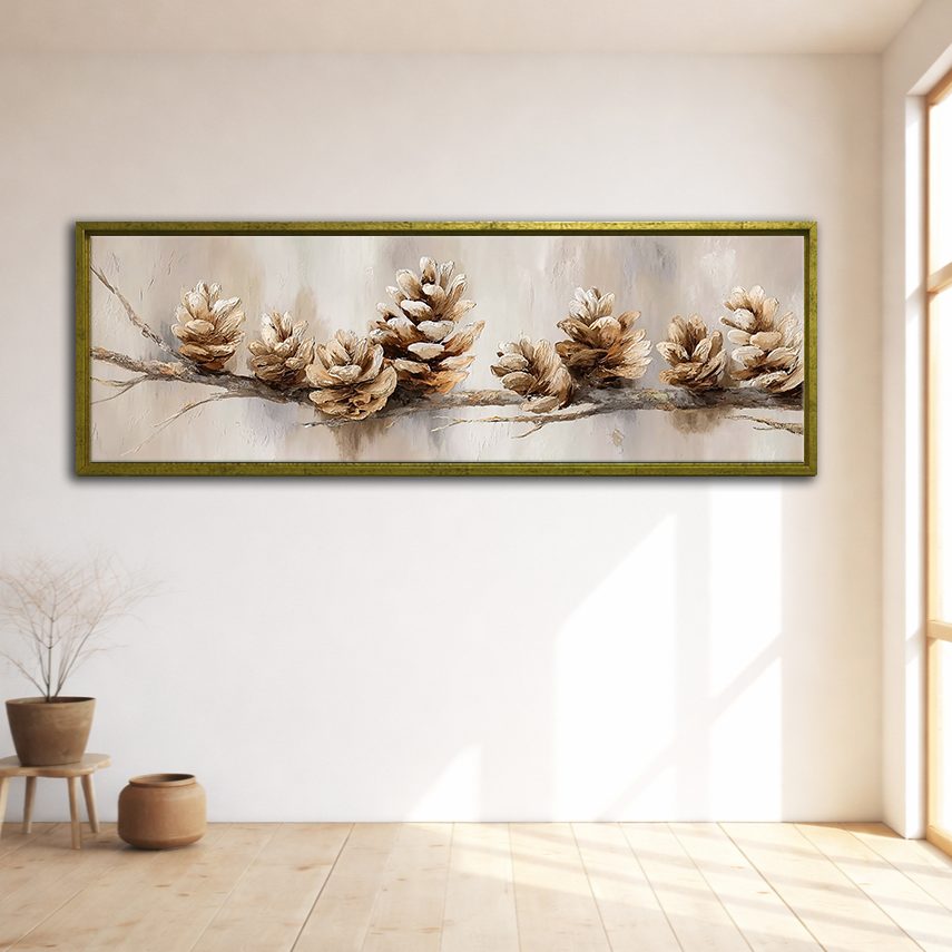 Pine Cones on Branch Neutral canvas wall art, gold floating frame