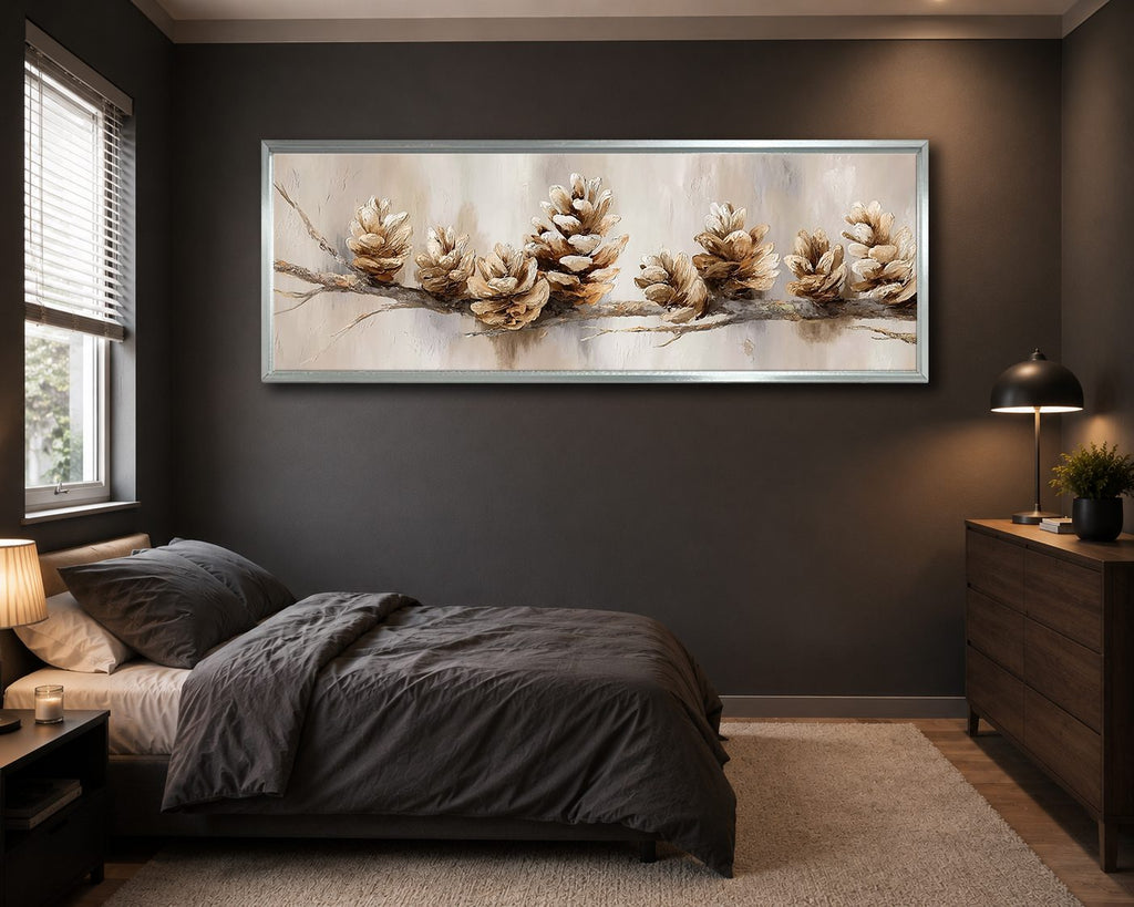 Pine Cones on Branch Neutral canvas wall art, silver floating frame