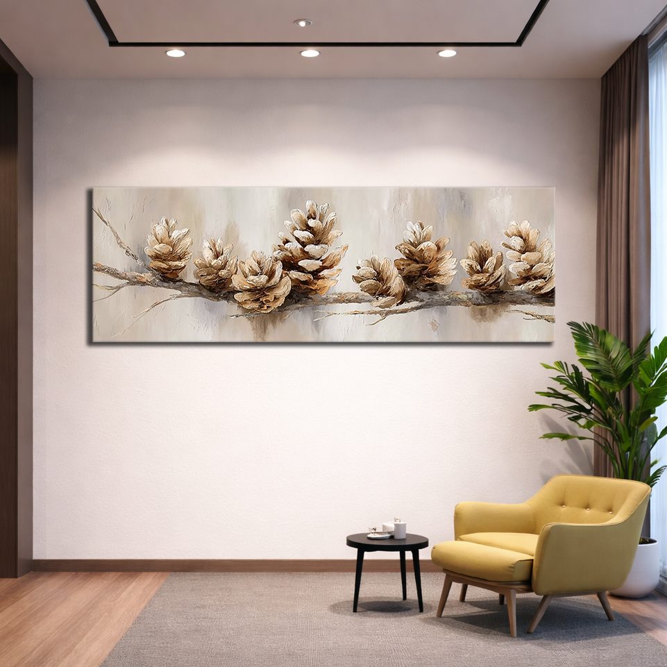 Pine Cones on Branch Neutral canvas wall art, unframed canvas