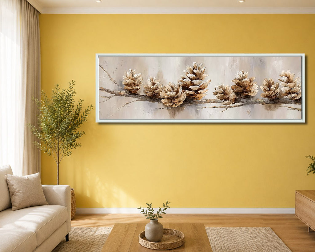Pine Cones on Branch Neutral canvas wall art, white floating frame