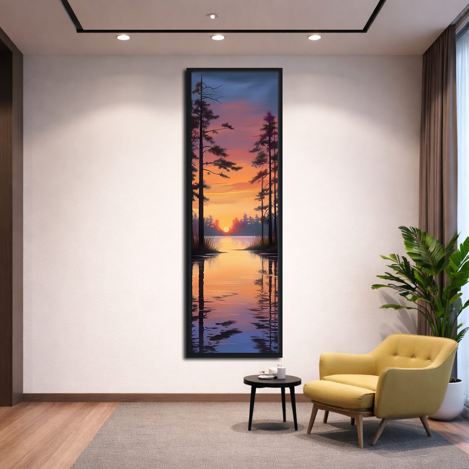 Pine Lake Sunset Reflection canvas wall art, black floating frame