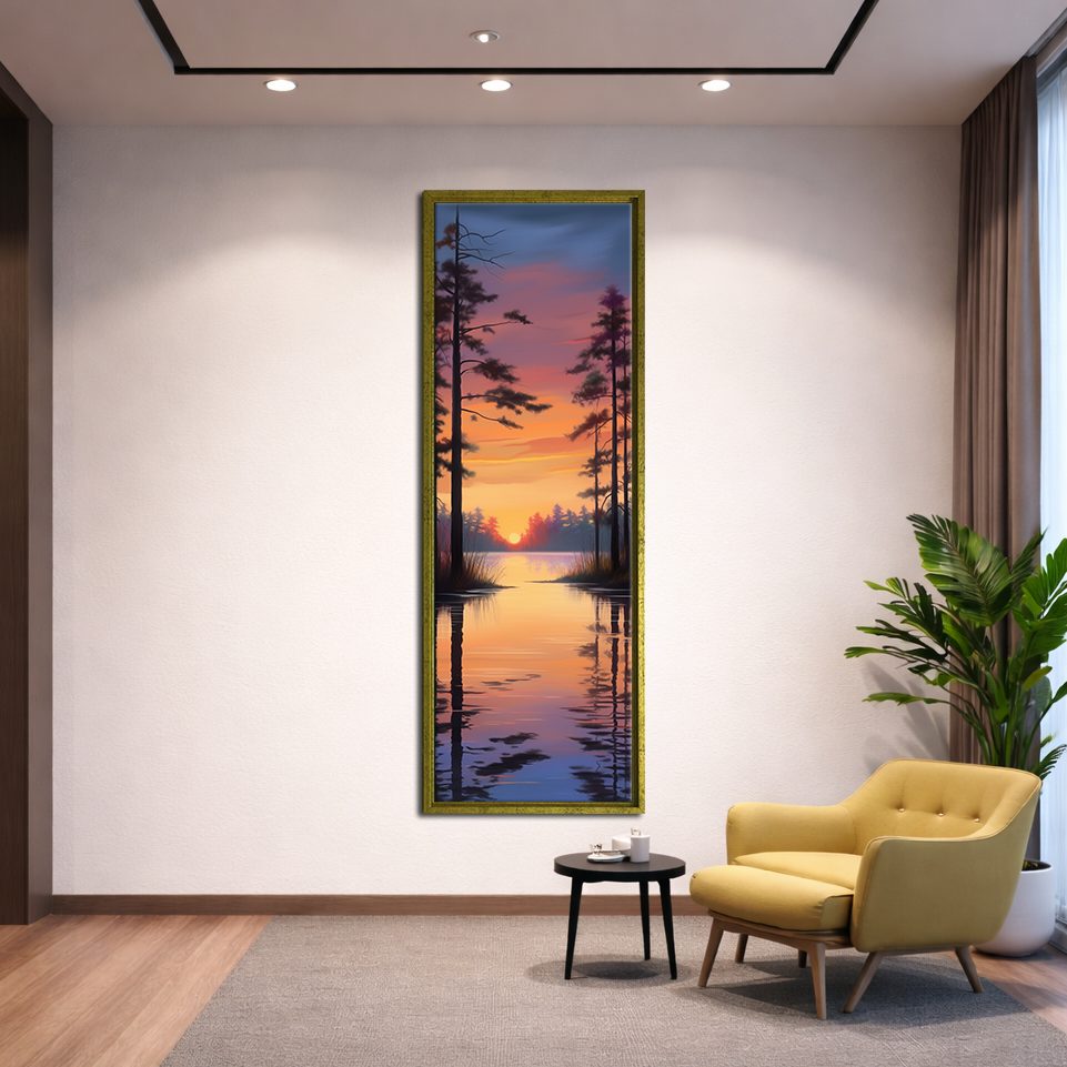 Pine Lake Sunset Reflection canvas wall art, gold floating frame