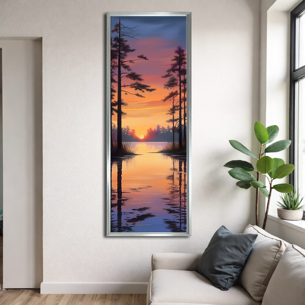 Pine Lake Sunset Reflection canvas wall art, silver floating frame