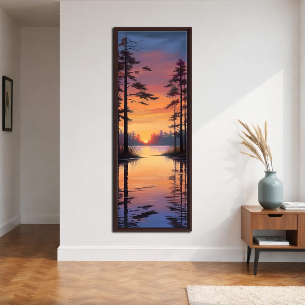 Pine Lake Sunset Reflection canvas wall art, walnut floating frame