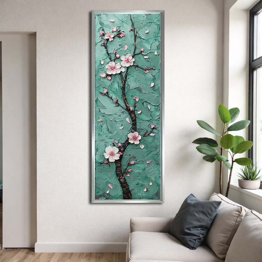 Pink Cherry Blossom on Teal canvas wall art, silver floating frame