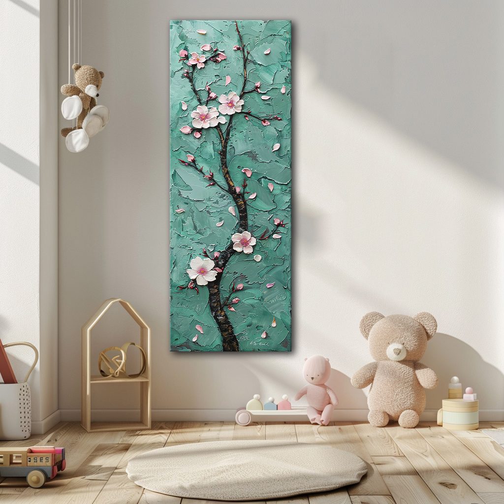 Pink Cherry Blossom on Teal canvas wall art, unframed canvas
