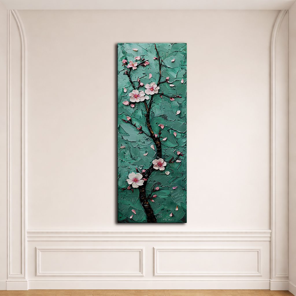 Pink Cherry Blossom on Teal canvas wall art, unframed canvas