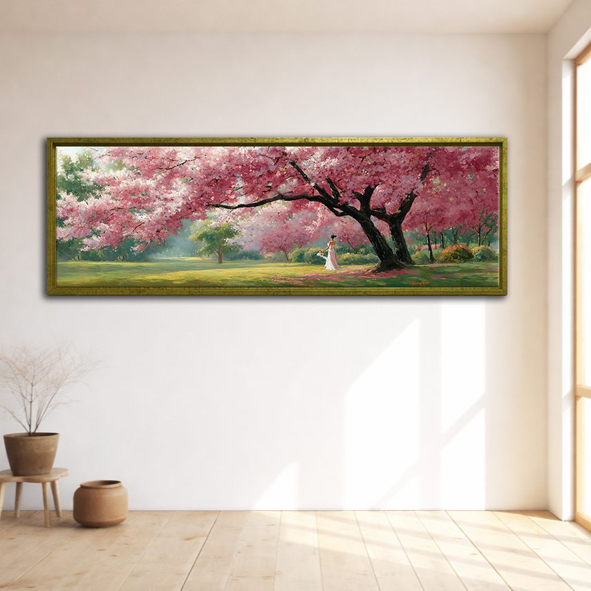 Pink Cherry Blossom Tree Park canvas wall art, gold floating frame