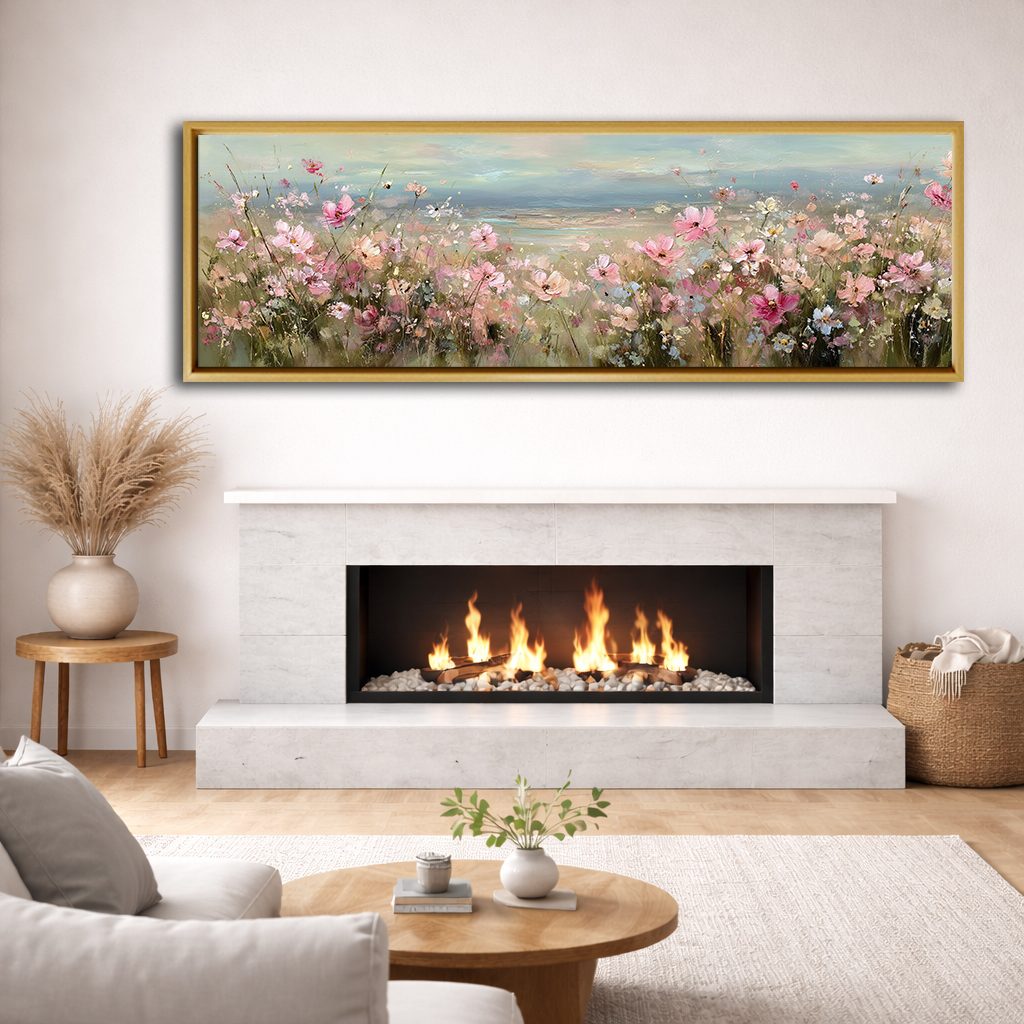 Pink Cosmos Flower Meadow canvas wall art, natural wood floating frame