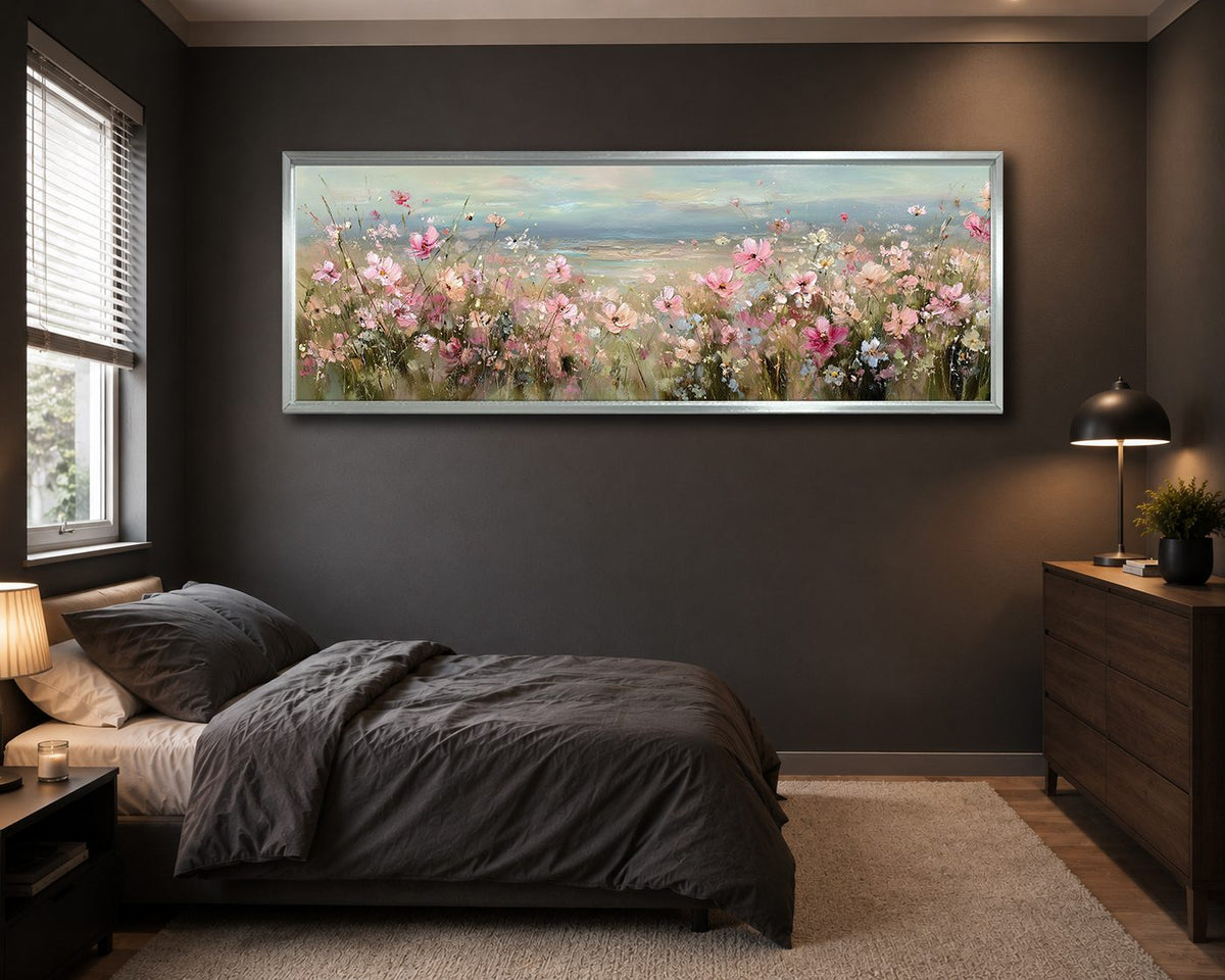 Pink Cosmos Flower Meadow canvas wall art, silver floating frame