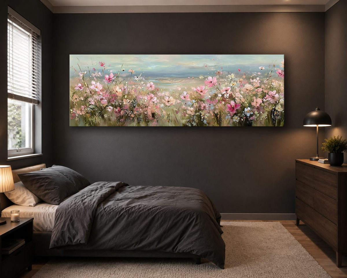 Pink Cosmos Flower Meadow canvas wall art, unframed canvas