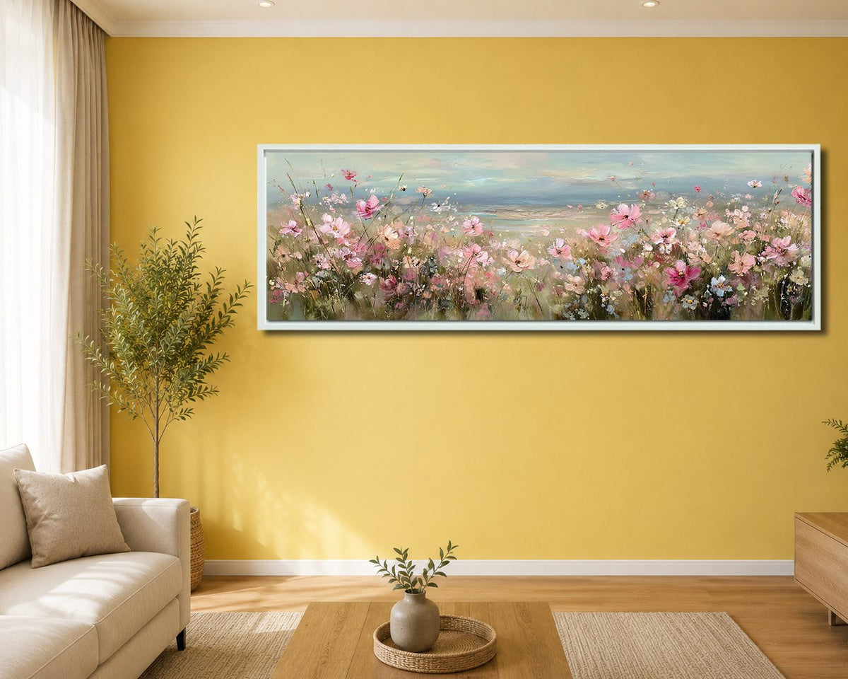 Pink Cosmos Flower Meadow canvas wall art, white floating frame