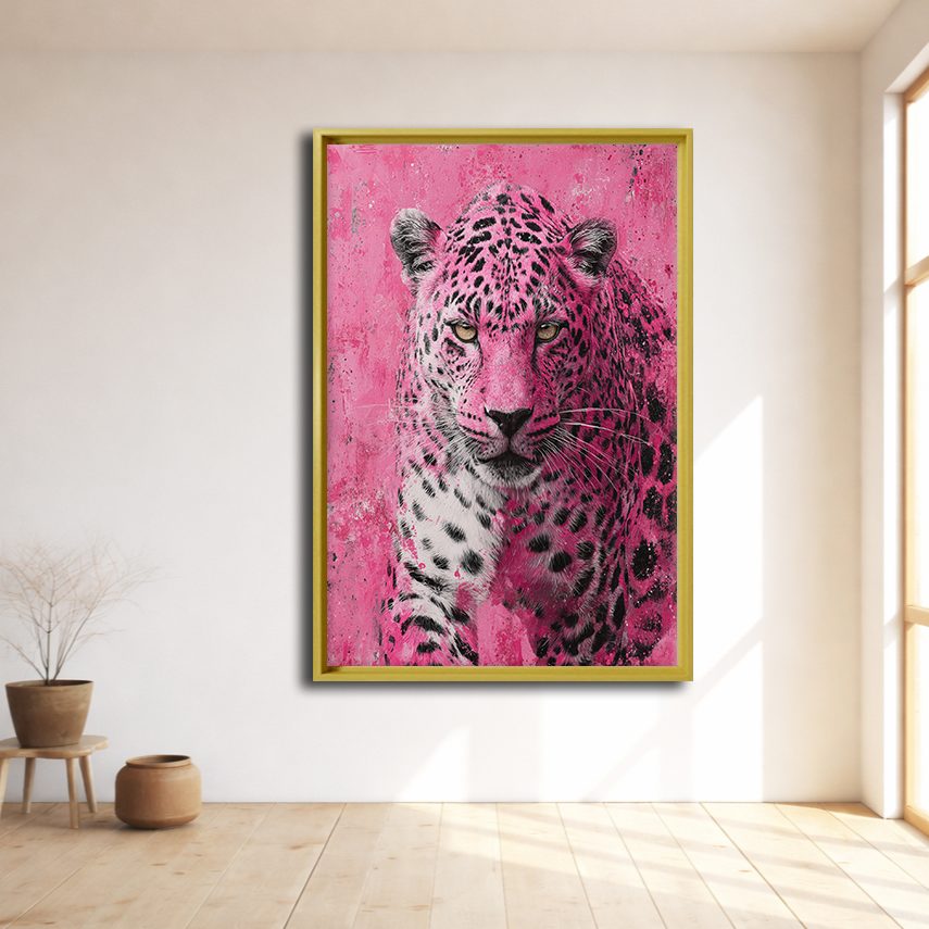 Pink Leopard Pop Art canvas wall art, natural wood floating frame