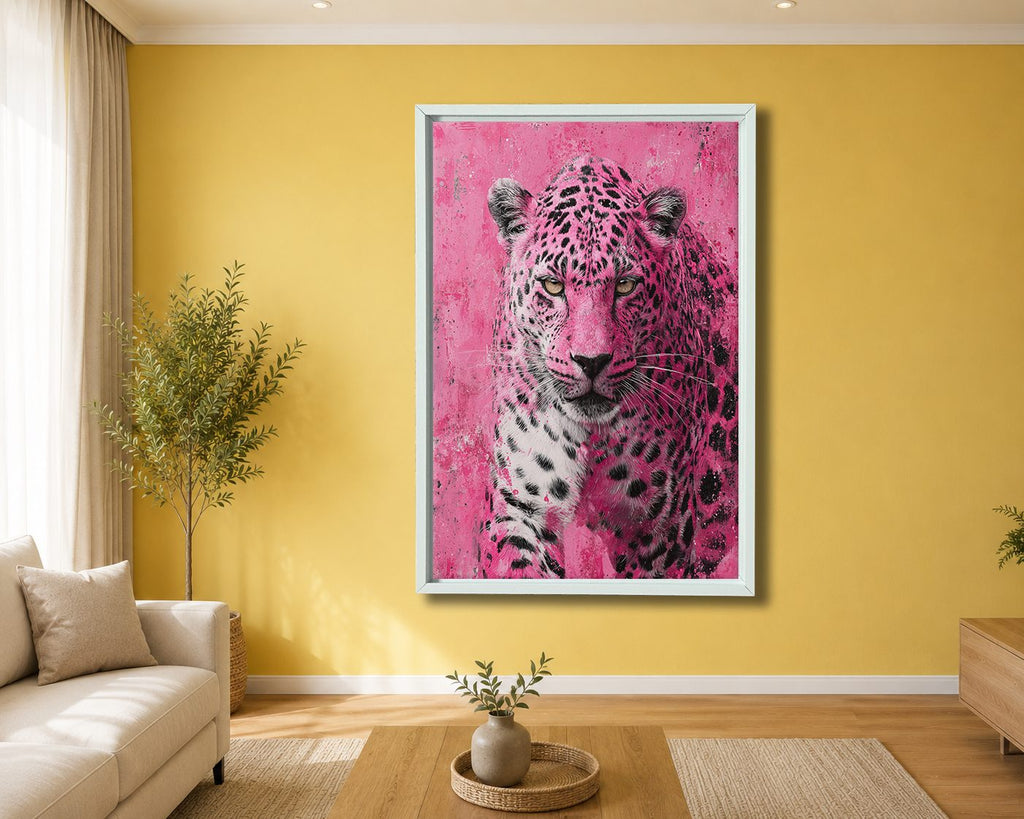 Pink Leopard Pop Art canvas wall art, white floating frame
