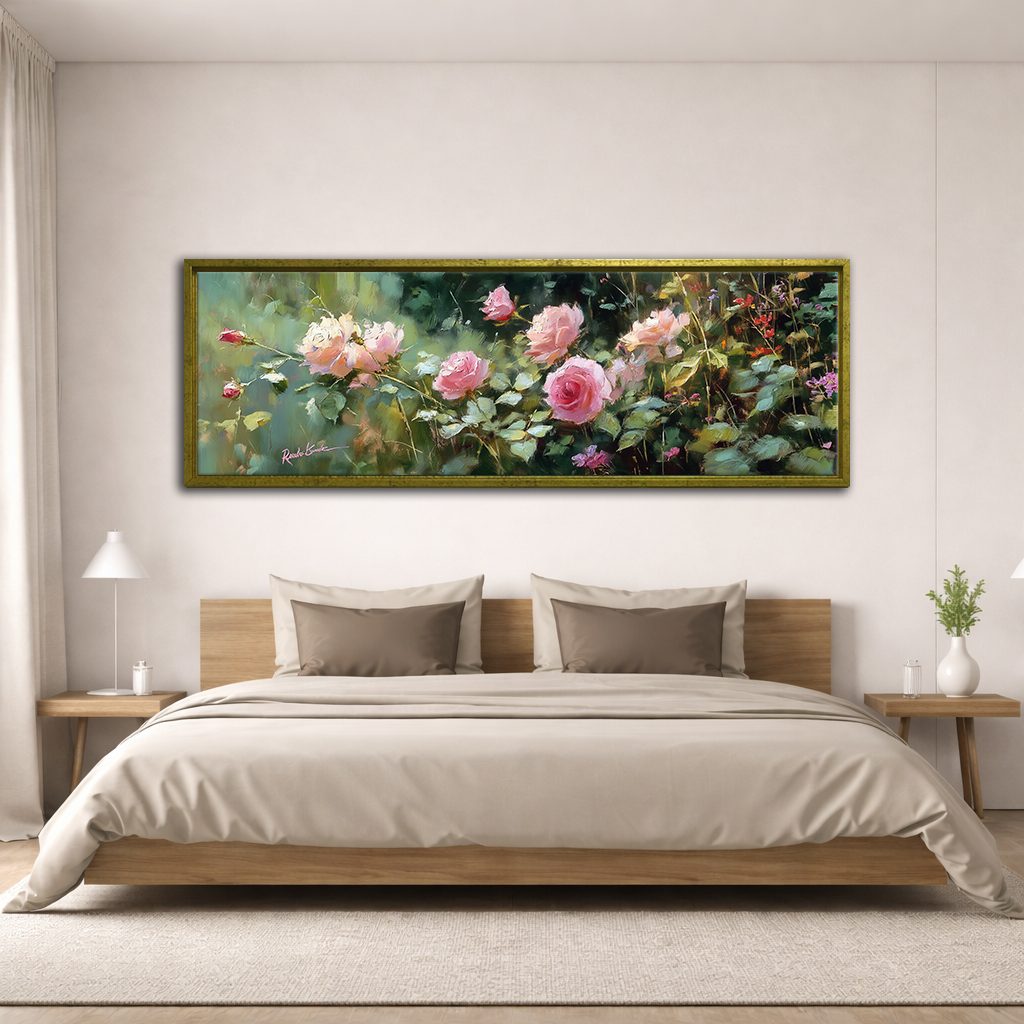 Pink Rose Garden canvas wall art, antique gold floating frame