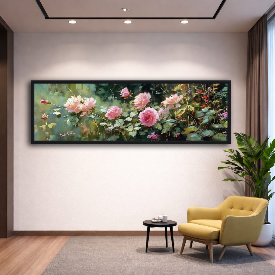 Pink Rose Garden canvas wall art, black floating frame