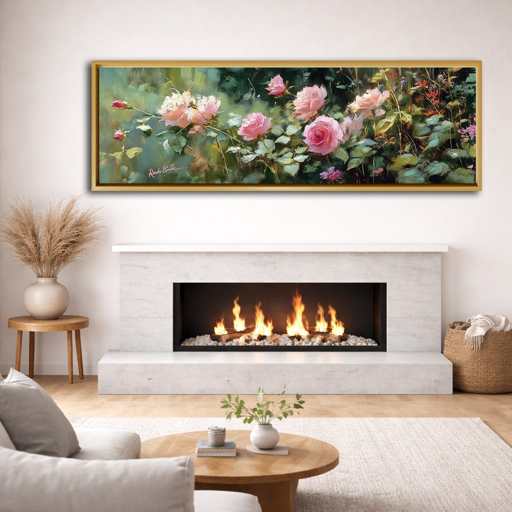 Pink Rose Garden canvas wall art, natural wood floating frame
