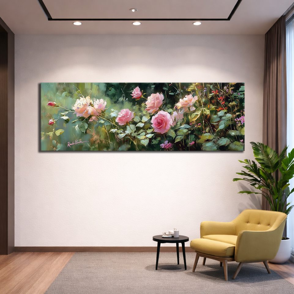 Pink Rose Garden canvas wall art, unframed canvas