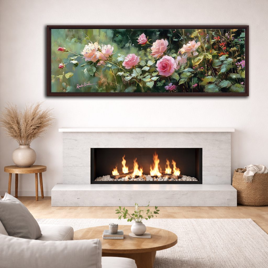 Pink Rose Garden canvas wall art, walnut floating frame