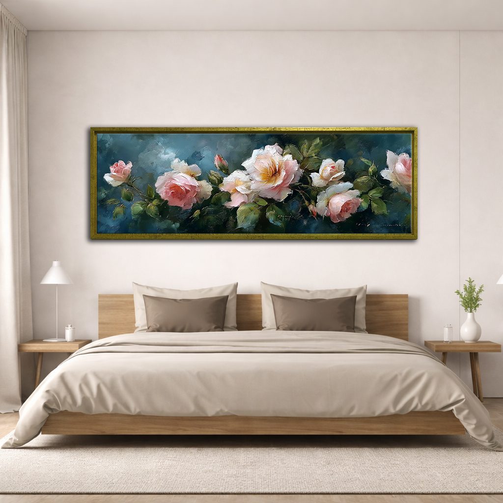 Pink Roses on Dark Teal canvas wall art, antique gold floating frame
