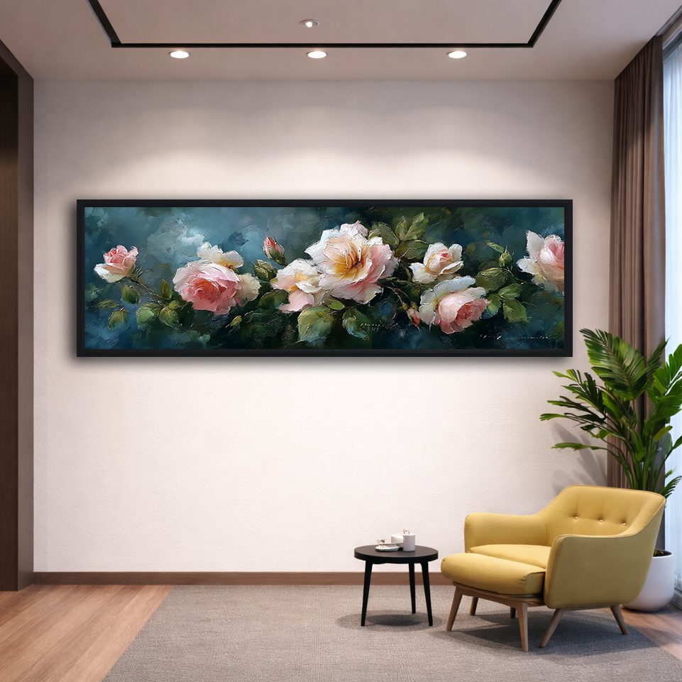 Pink Roses on Dark Teal canvas wall art, black floating frame