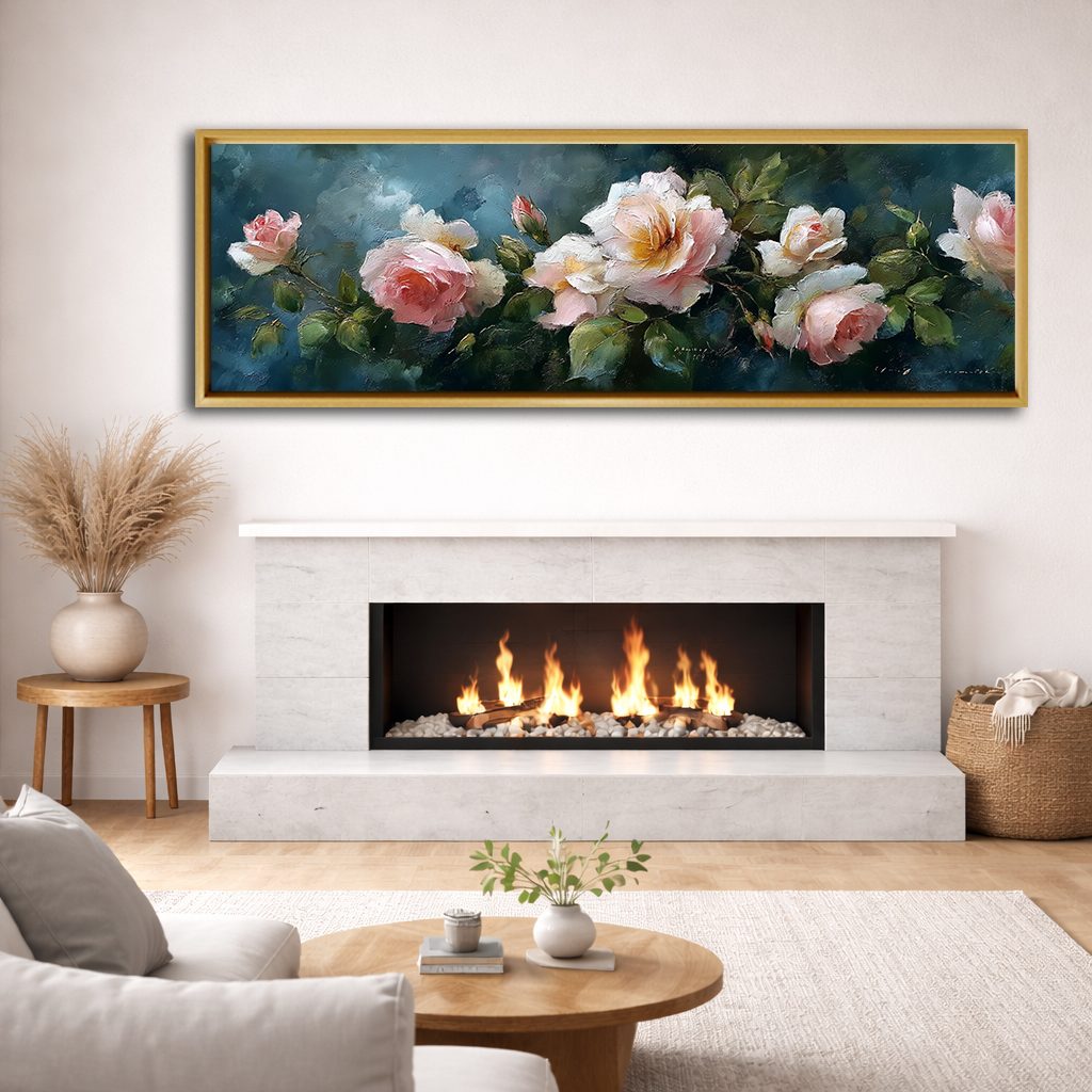 Pink Roses on Dark Teal canvas wall art, natural wood floating frame
