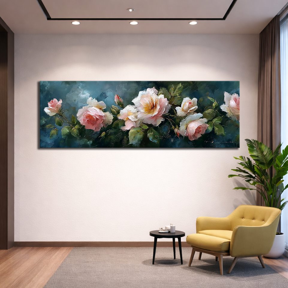 Pink Roses on Dark Teal canvas wall art, unframed canvas
