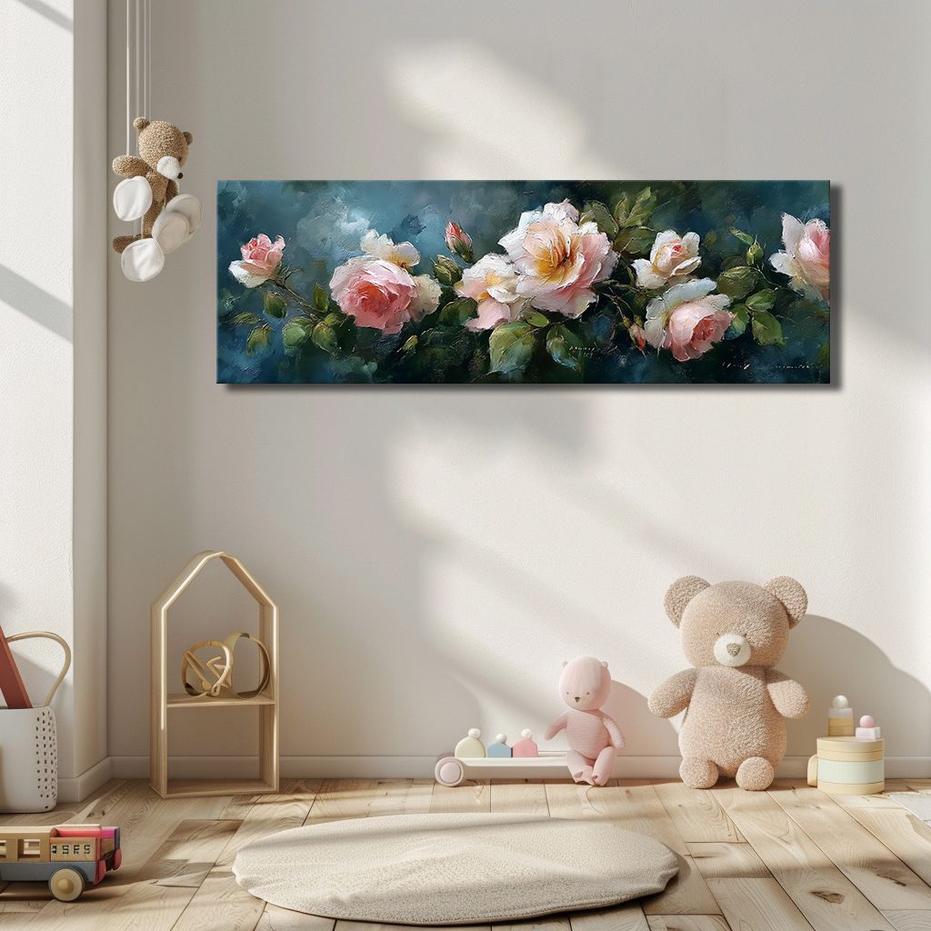 Pink Roses on Dark Teal canvas wall art, unframed canvas