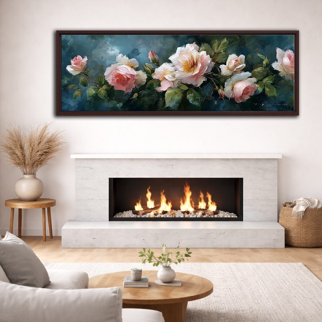 Pink Roses on Dark Teal canvas wall art, walnut floating frame
