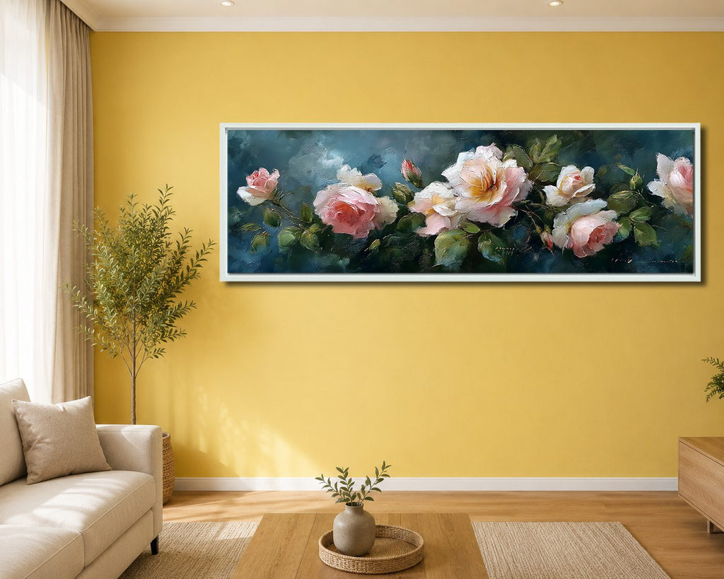 Pink Roses on Dark Teal canvas wall art, white floating frame
