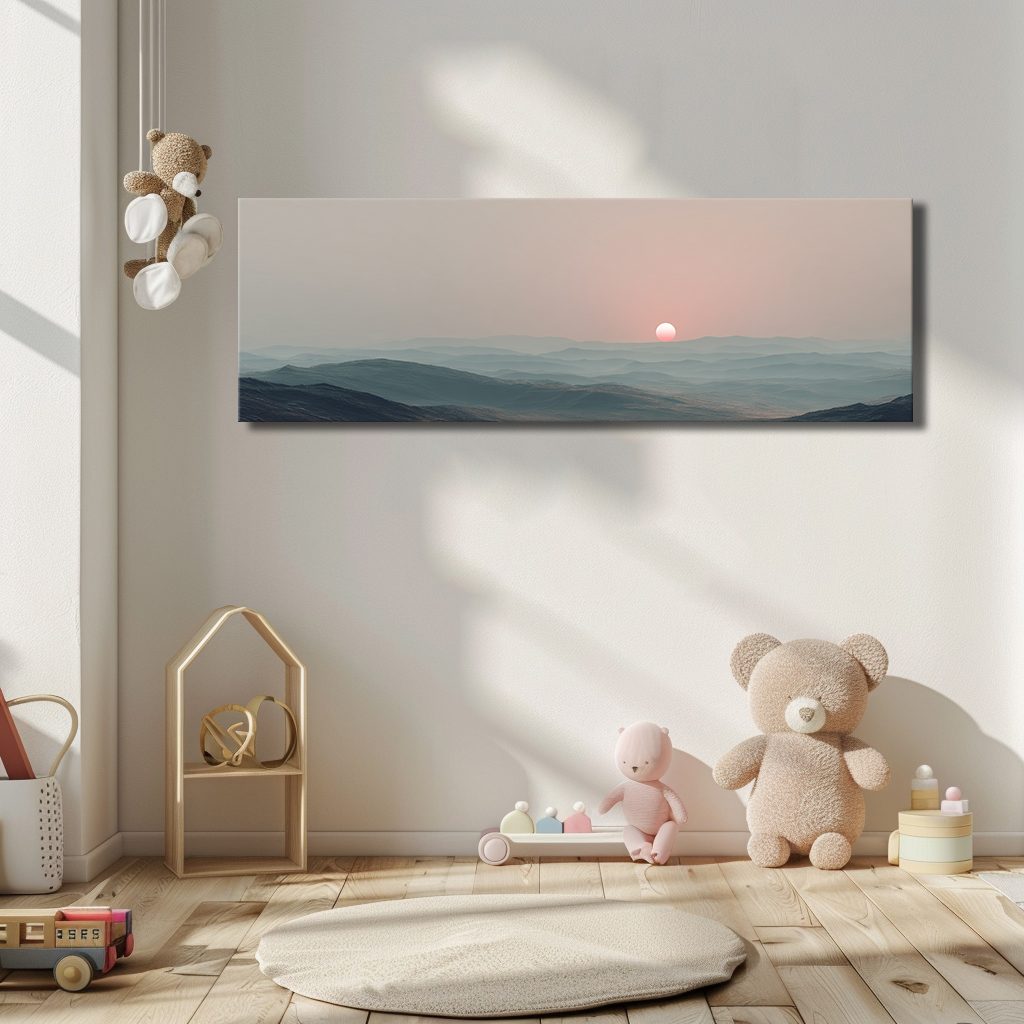 Pink Sun over Misty Hills canvas wall art, unframed canvas