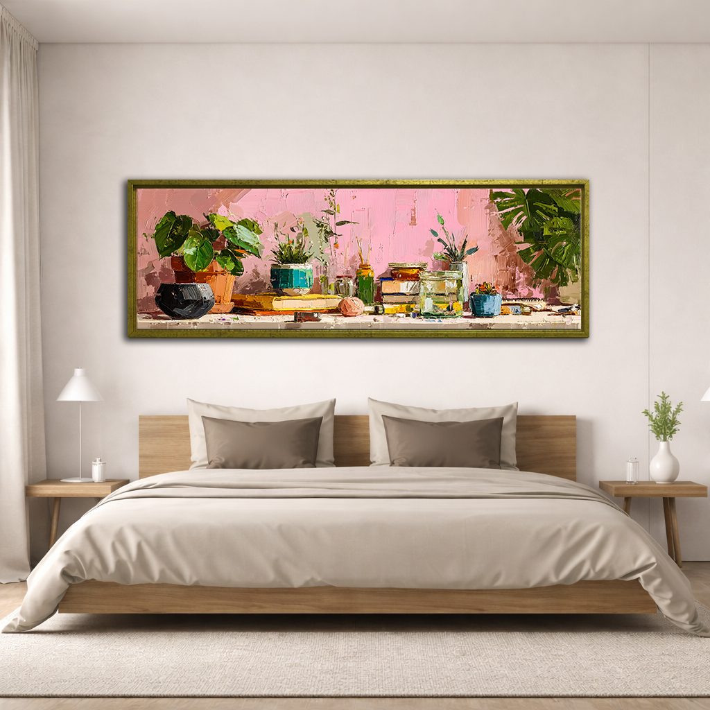 Pink Wall Potted Plants Still Life canvas wall art, antique gold floating frame