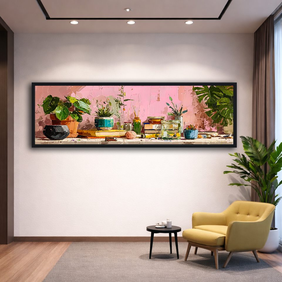 Pink Wall Potted Plants Still Life canvas wall art, black floating frame