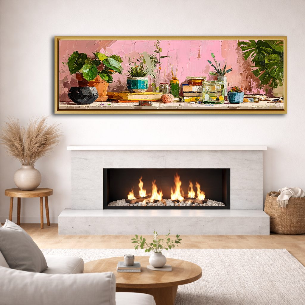 Pink Wall Potted Plants Still Life canvas wall art, natural wood floating frame