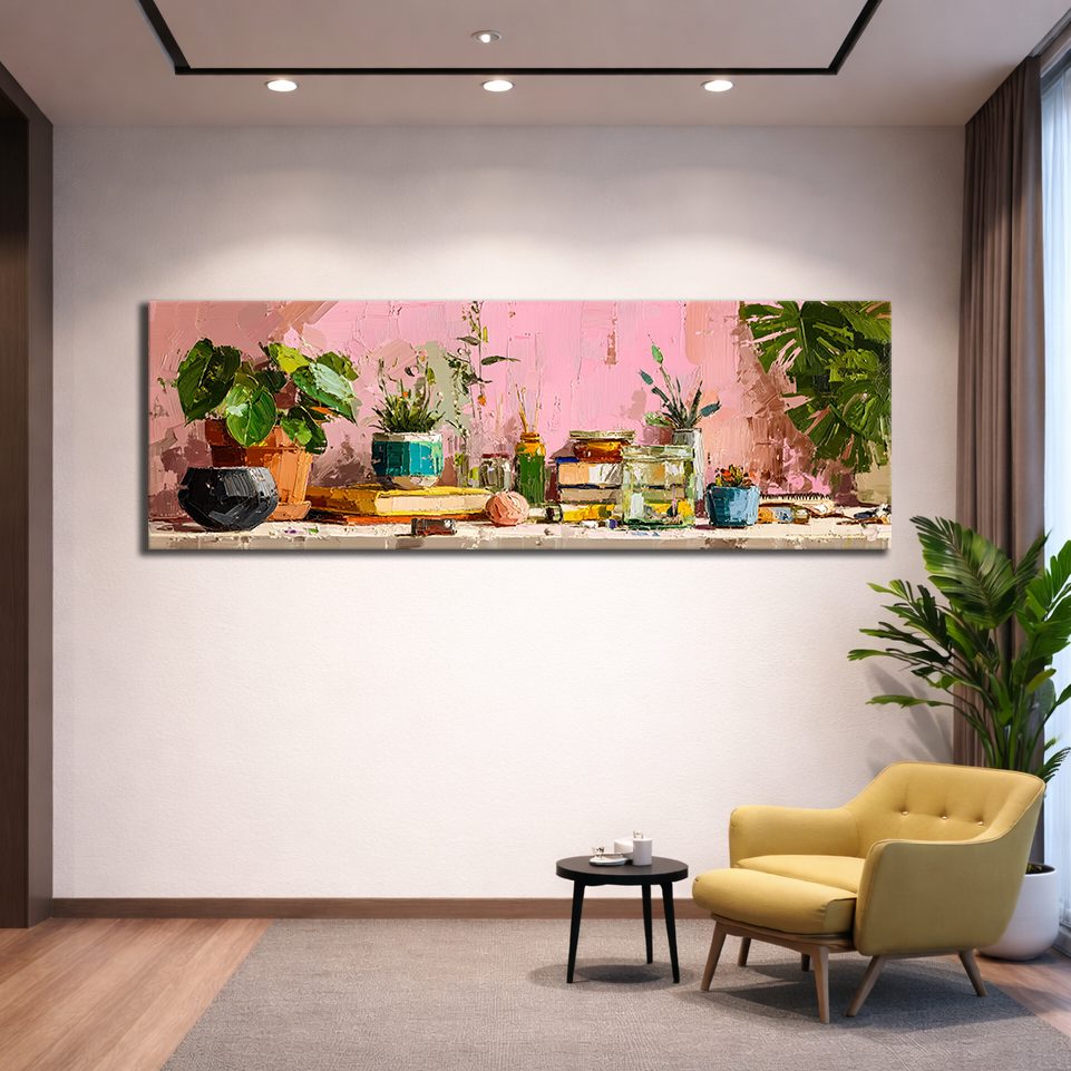 Pink Wall Potted Plants Still Life canvas wall art, unframed canvas
