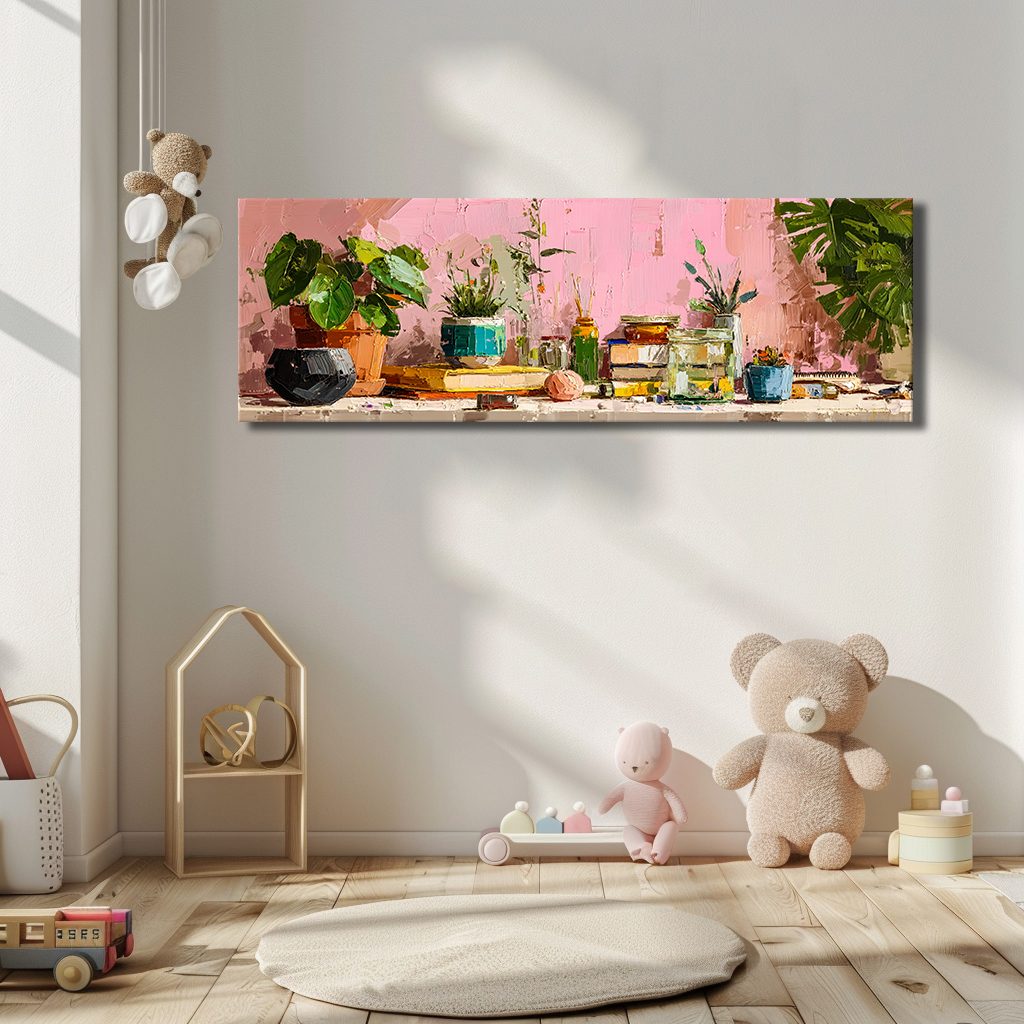 Pink Wall Potted Plants Still Life canvas wall art, unframed canvas