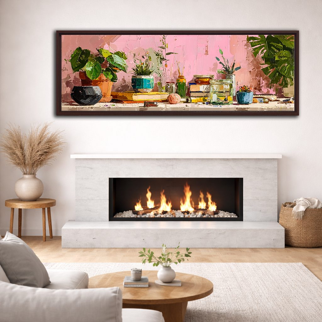 Pink Wall Potted Plants Still Life canvas wall art, walnut floating frame
