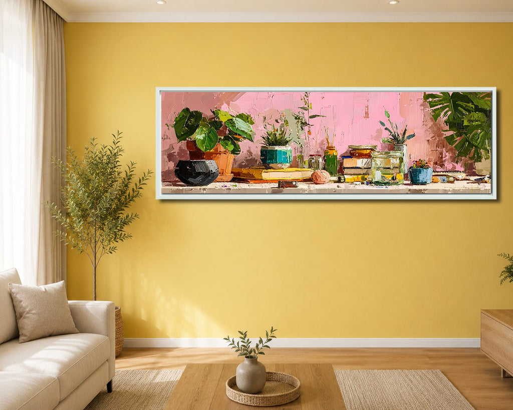 Pink Wall Potted Plants Still Life canvas wall art, white floating frame