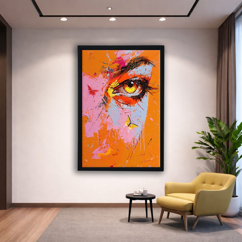 Pop Art Eye with Butterflies canvas wall art, black floating frame