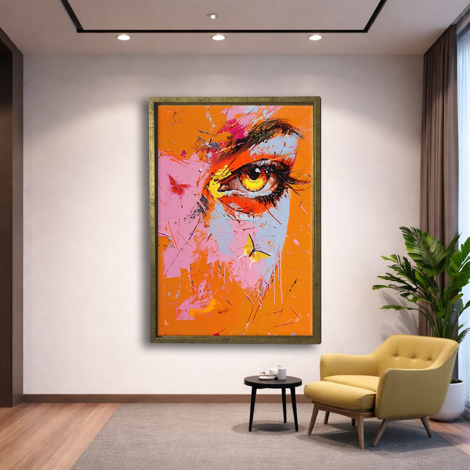 Pop Art Eye with Butterflies canvas wall art, gold floating frame